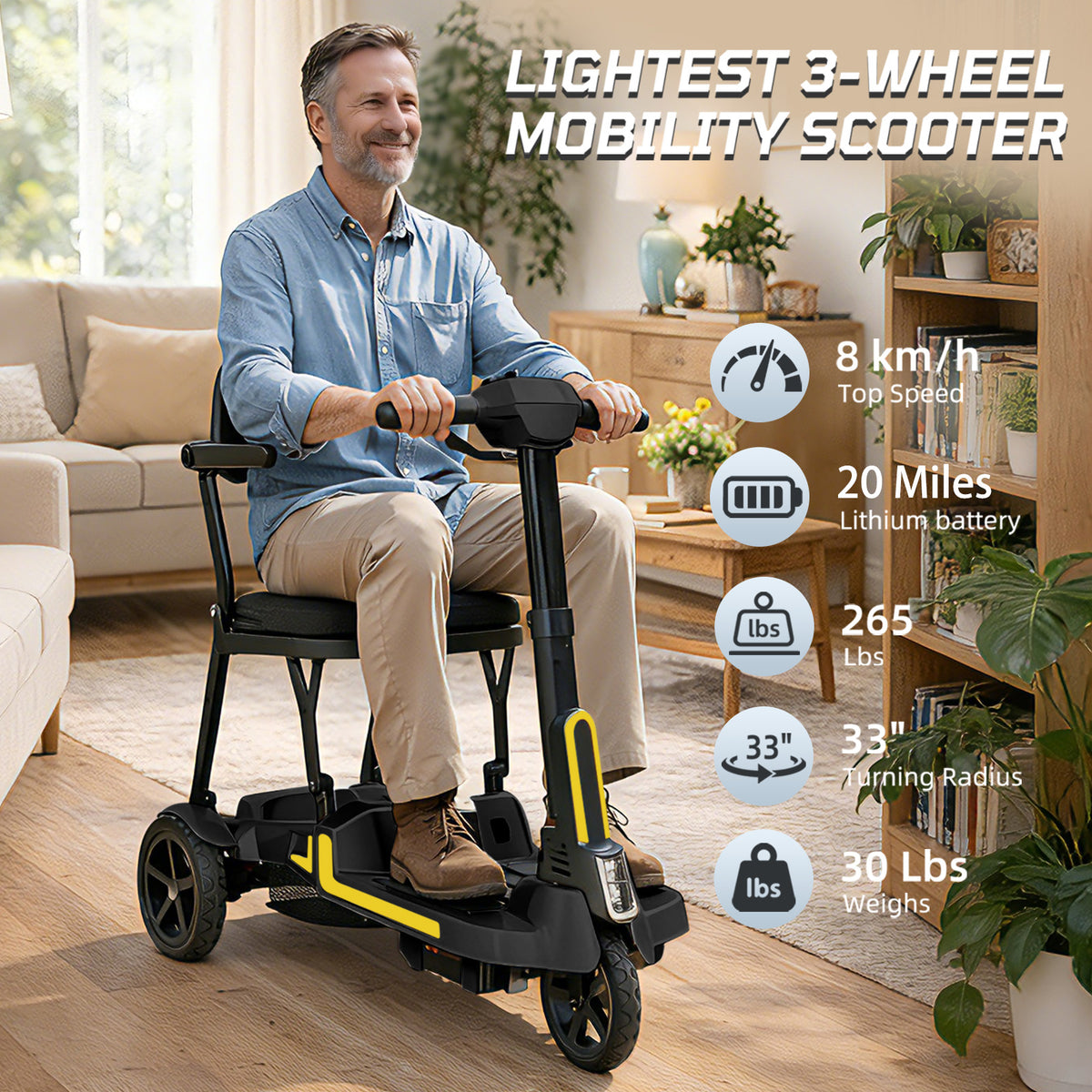 30 lbs Lightweight Foldable Mobility Scooter for Seniors & Adults, Portable 3-Wheel Electric Travel Scooter with 33" Turning Radius, Dual Airline-Approved Lithium Batteries,32 Mile Range,Silver