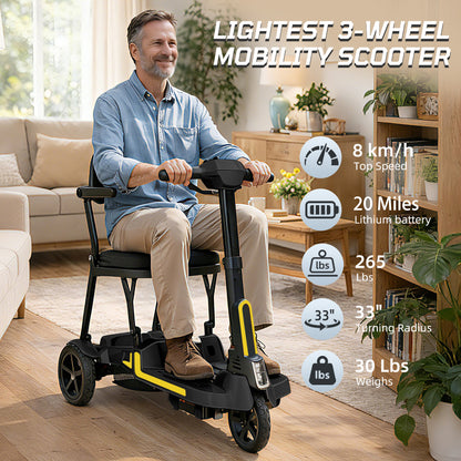 30 lbs Lightweight Foldable Mobility Scooter for Seniors & Adults, Portable 3-Wheel Electric Travel Scooter with 33" Turning Radius, Dual Airline-Approved Lithium Batteries,32 Mile Range,Silver