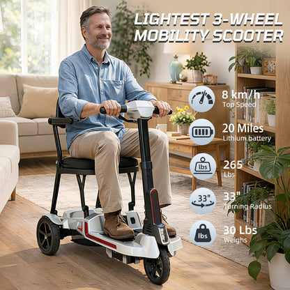 Ecomobi Lightweight Folding Mobility Scooter for Seniors, 30 lbs, 33 Inch Turning Radius, 20 to 32 Miles Long Range
