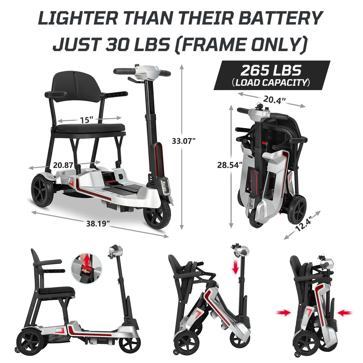 30 lbs Lightweight Foldable Mobility Scooter for Seniors & Adults, Portable 3-Wheel Electric Travel Scooter with 33" Turning Radius, Dual Airline-Approved Lithium Batteries,32 Mile Range,Silver