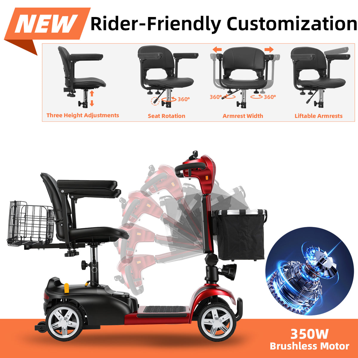 Ecomobi 4 Wheel Mobility Scooter for Adults/Seniors,15-45 Miles Folding Electric Mobility Scooter,350W Electric Powered Wheelchair Device,Long Range Power Extended Battery,Dual Baskets