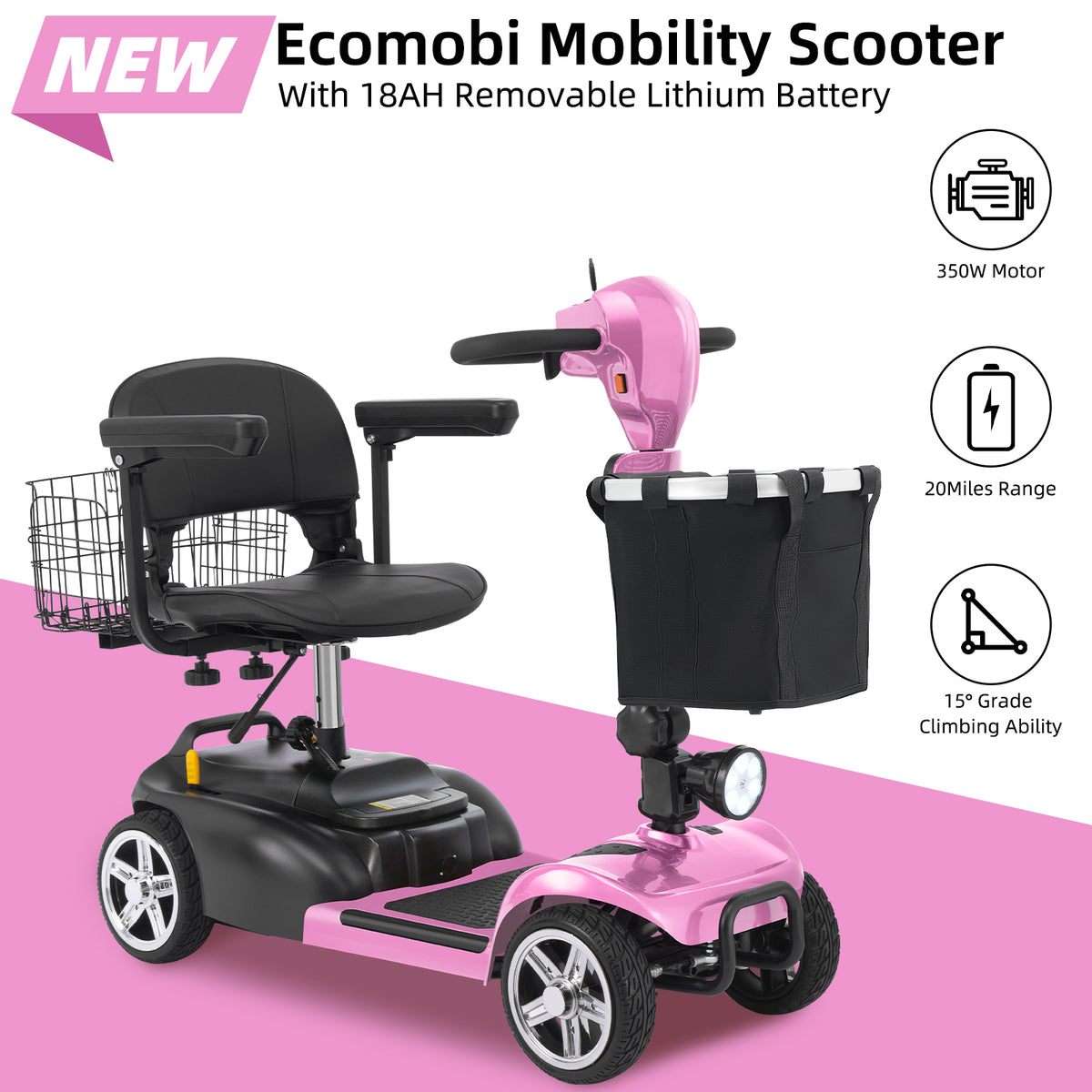 Ecomobi 4 Wheel Mobility Scooter for Adults/Seniors,15-45 Miles Folding Electric Mobility Scooter,350W Electric Powered Wheelchair Device,Long Range Power Extended Battery,Dual Baskets