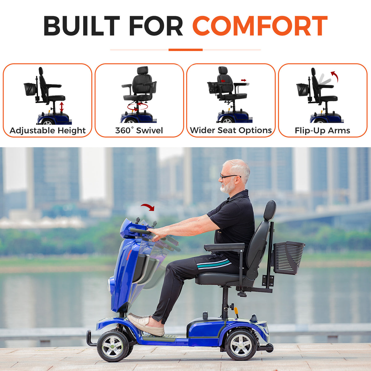 Ecomobi Long Range Heavy Duty Mobility Scooter for Adults & Seniors, 500W & 400LBS Capacity Electric Powered Chair，All Terrain Fast Mobility Scooter for Travel w/Absorber & 10" Tires
