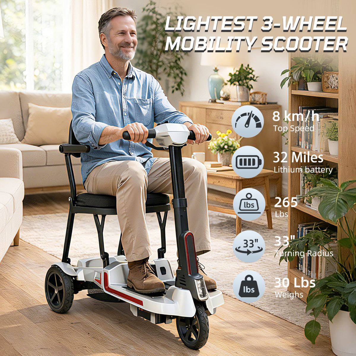 30 lbs Lightweight Foldable Mobility Scooter for Seniors & Adults, Portable 3-Wheel Electric Travel Scooter with 33" Turning Radius, Dual Airline-Approved Lithium Batteries,32 Mile Range,Silver