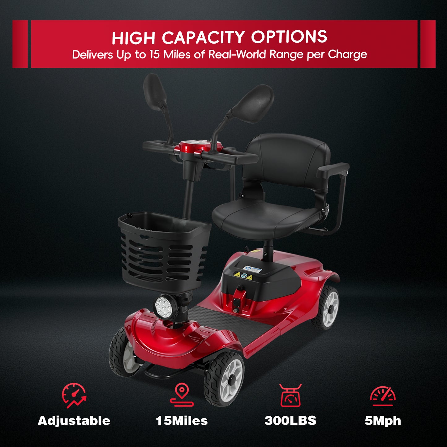 Cycmate M2F 4-Wheel Scooter for Seniors, 300lbs, 5MPH, LED Light, 15 Miles