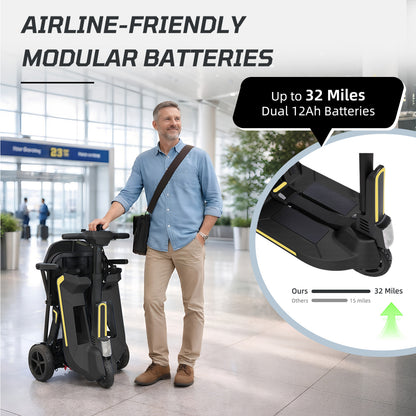 30 lbs Lightweight Foldable Mobility Scooter for Seniors & Adults, Portable 3-Wheel Electric Travel Scooter with 33" Turning Radius, Dual Airline-Approved Lithium Batteries,32 Mile Range,Silver