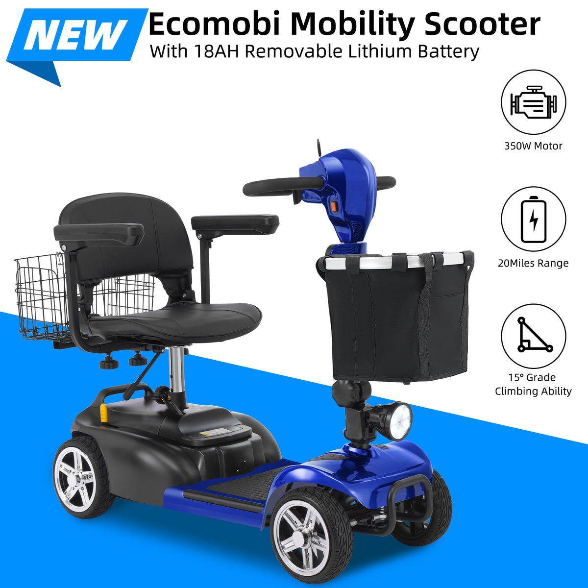 Ecomobi 4 Wheel Mobility Scooter for Adults/Seniors,15-45 Miles Folding Electric Mobility Scooter,350W Electric Powered Wheelchair Device,Long Range Power Extended Battery,Dual Baskets
