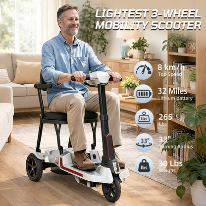 Ecomobi Lightweight Folding Mobility Scooter for Seniors, 30 lbs, 33 Inch Turning Radius, 20 to 32 Miles Long Range