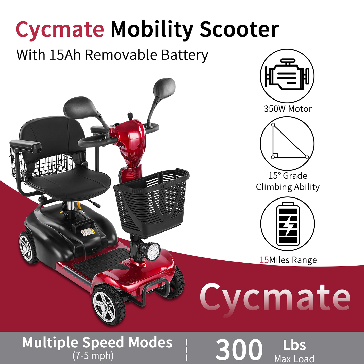 Cycmate MS06 4-Wheel Scooter for Seniors, 300lbs, 350W, 25Ah Battery, 30 Miles