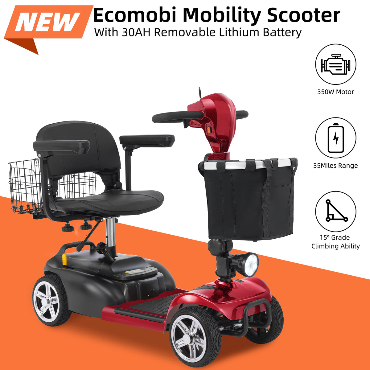 Ecomobi 4 Wheel Mobility Scooter for Adults/Seniors,15-45 Miles Folding Electric Mobility Scooter,350W Electric Powered Wheelchair Device,Long Range Power Extended Battery,Dual Baskets