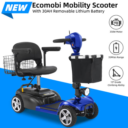 Ecomobi 4 Wheel Mobility Scooter for Adults/Seniors,15-45 Miles Folding Electric Mobility Scooter,350W Electric Powered Wheelchair Device,Long Range Power Extended Battery,Dual Baskets
