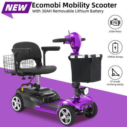 Ecomobi 4 Wheel Mobility Scooter for Adults/Seniors,15-45 Miles Folding Electric Mobility Scooter,350W Electric Powered Wheelchair Device,Long Range Power Extended Battery,Dual Baskets