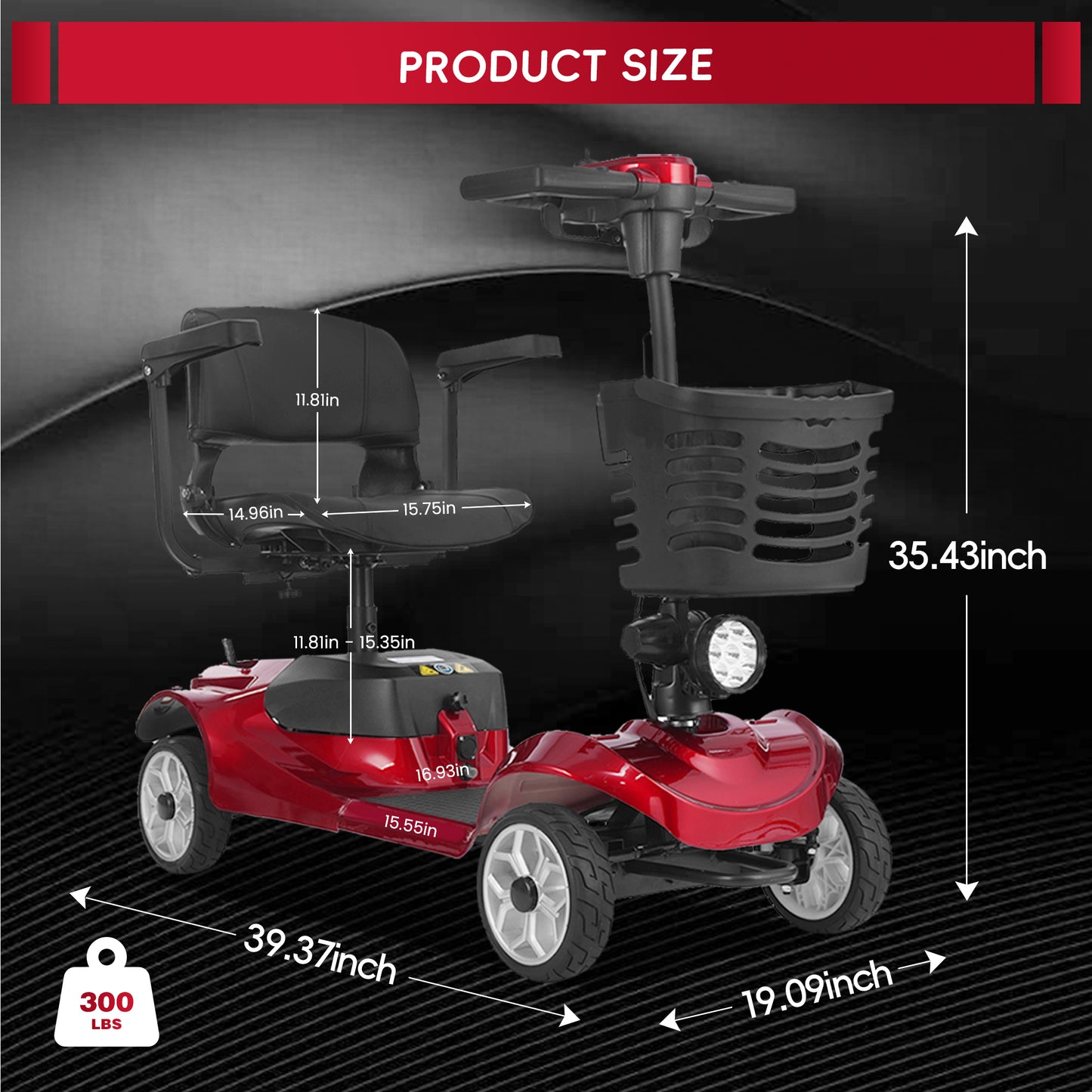 Cycmate M2F 4-Wheel Scooter for Seniors, 300lbs, 5MPH, LED Light, 15 Miles