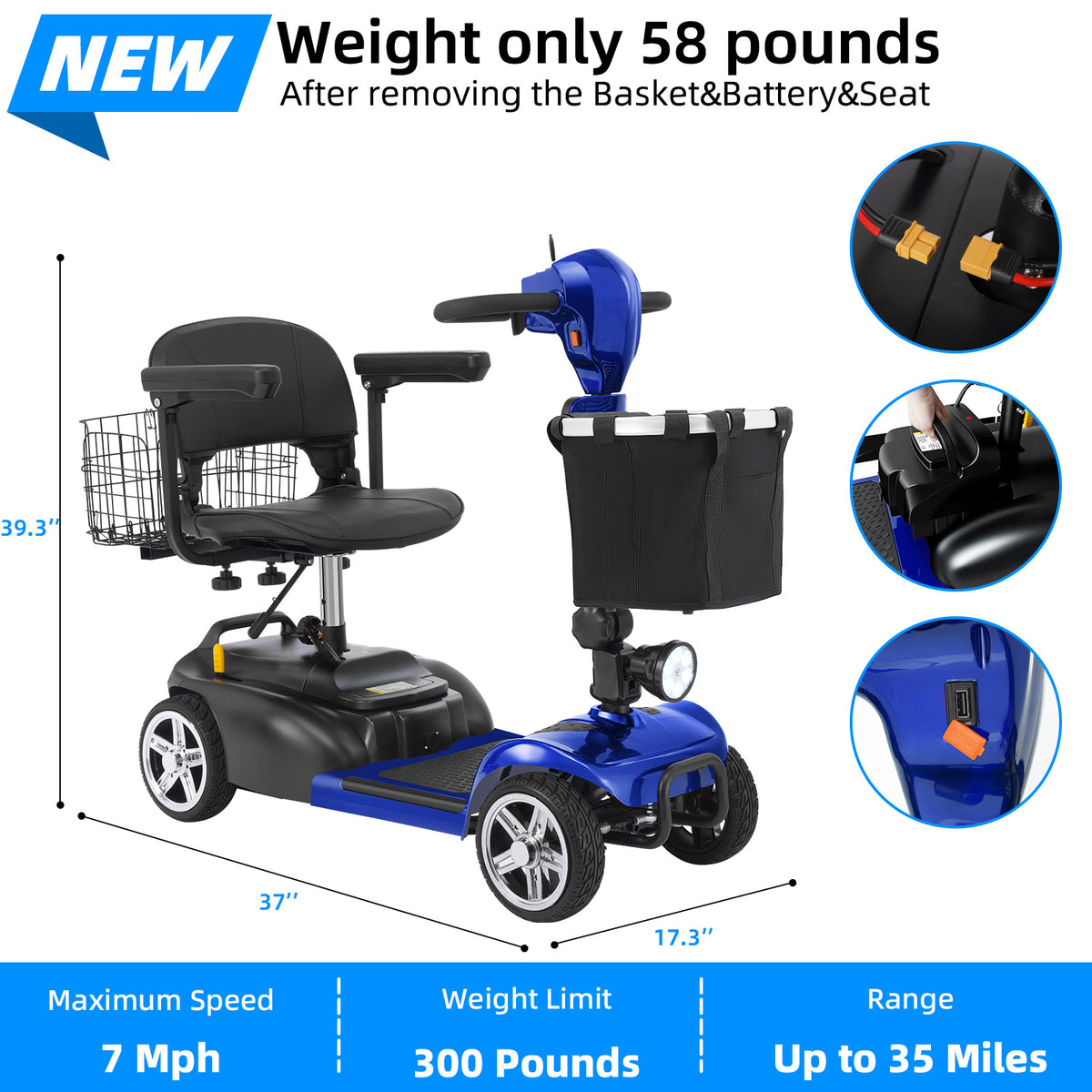 Ecomobi 4 Wheel Mobility Scooter for Adults/Seniors,15-45 Miles Folding Electric Mobility Scooter,350W Electric Powered Wheelchair Device,Long Range Power Extended Battery,Dual Baskets