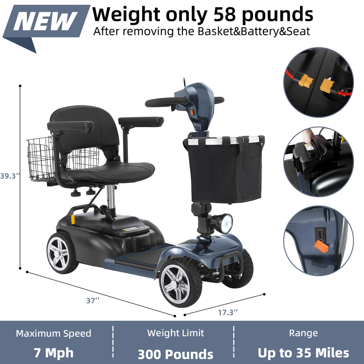 Ecomobi 4 Wheel Mobility Scooter for Adults/Seniors,15-45 Miles Folding Electric Mobility Scooter,350W Electric Powered Wheelchair Device,Long Range Power Extended Battery,Dual Baskets