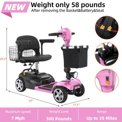 Ecomobi 4 Wheel Mobility Scooter for Adults/Seniors,15-45 Miles Folding Electric Mobility Scooter,350W Electric Powered Wheelchair Device,Long Range Power Extended Battery,Dual Baskets