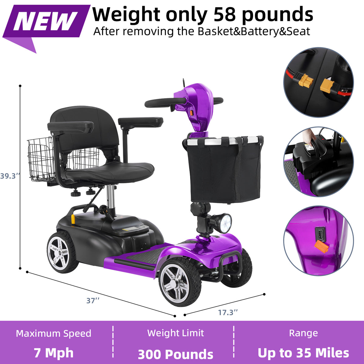 Ecomobi 4 Wheel Mobility Scooter for Adults/Seniors,15-45 Miles Folding Electric Mobility Scooter,350W Electric Powered Wheelchair Device,Long Range Power Extended Battery,Dual Baskets