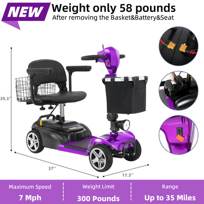 Ecomobi 4 Wheel Mobility Scooter for Adults/Seniors,15-45 Miles Folding Electric Mobility Scooter,350W Electric Powered Wheelchair Device,Long Range Power Extended Battery,Dual Baskets