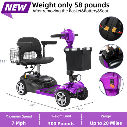 Ecomobi 4 Wheel Mobility Scooter for Adults/Seniors,15-45 Miles Folding Electric Mobility Scooter,350W Electric Powered Wheelchair Device,Long Range Power Extended Battery,Dual Baskets