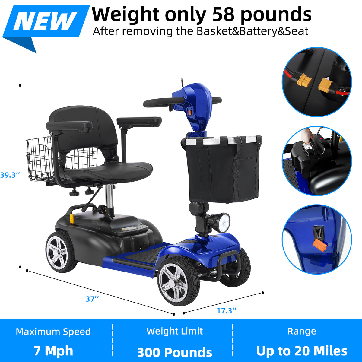 Ecomobi 4 Wheel Mobility Scooter for Adults/Seniors,15-45 Miles Folding Electric Mobility Scooter,350W Electric Powered Wheelchair Device,Long Range Power Extended Battery,Dual Baskets