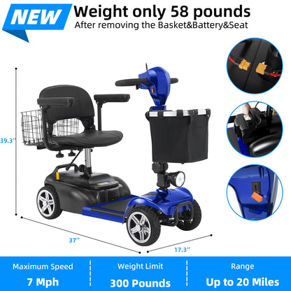 Ecomobi 4 Wheel Mobility Scooter for Adults/Seniors,15-45 Miles Folding Electric Mobility Scooter,350W Electric Powered Wheelchair Device,Long Range Power Extended Battery,Dual Baskets