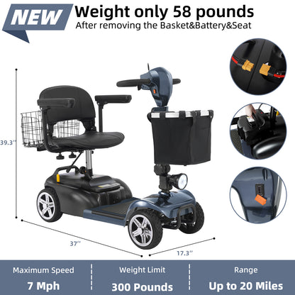 Ecomobi 4 Wheel Mobility Scooter for Adults/Seniors,15-45 Miles Folding Electric Mobility Scooter,350W Electric Powered Wheelchair Device,Long Range Power Extended Battery,Dual Baskets