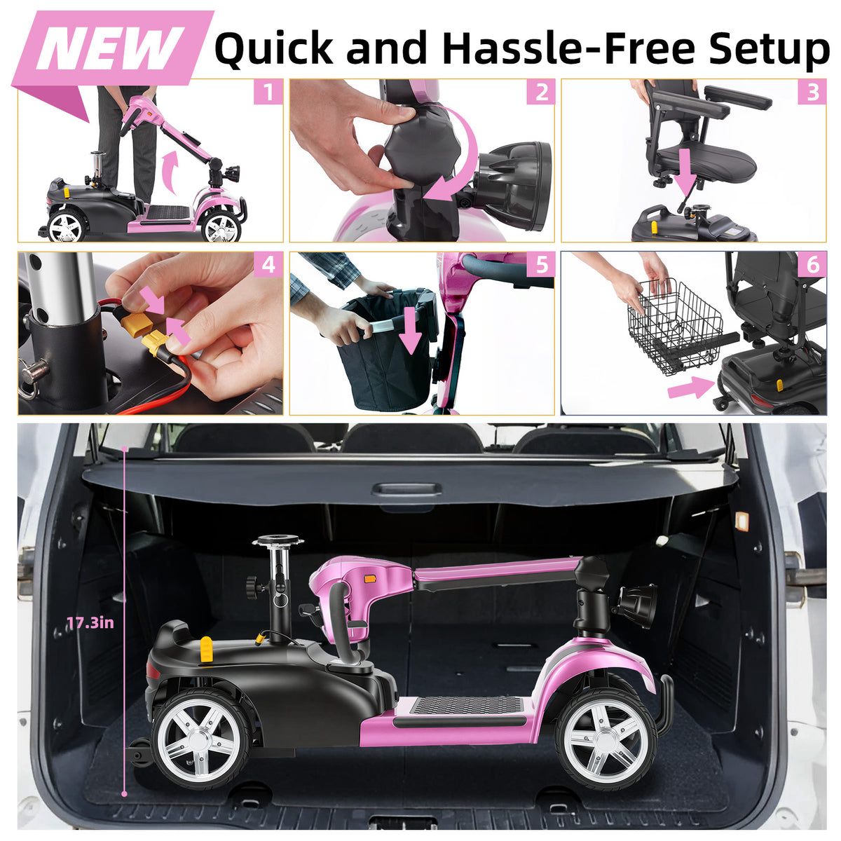 Ecomobi 4 Wheel Mobility Scooter for Adults/Seniors,15-45 Miles Folding Electric Mobility Scooter,350W Electric Powered Wheelchair Device,Long Range Power Extended Battery,Dual Baskets
