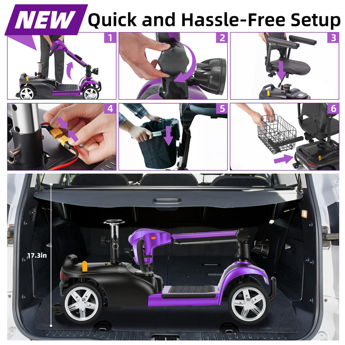 Ecomobi 4 Wheel Mobility Scooter for Adults/Seniors,15-45 Miles Folding Electric Mobility Scooter,350W Electric Powered Wheelchair Device,Long Range Power Extended Battery,Dual Baskets