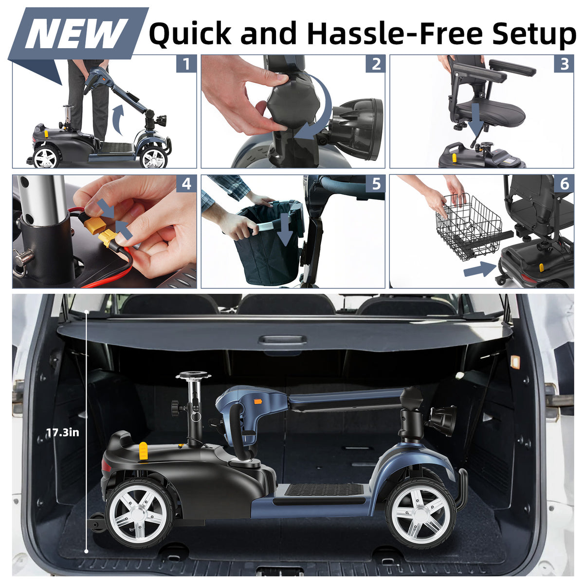 Ecomobi 4 Wheel Mobility Scooter for Adults/Seniors,15-45 Miles Folding Electric Mobility Scooter,350W Electric Powered Wheelchair Device,Long Range Power Extended Battery,Dual Baskets