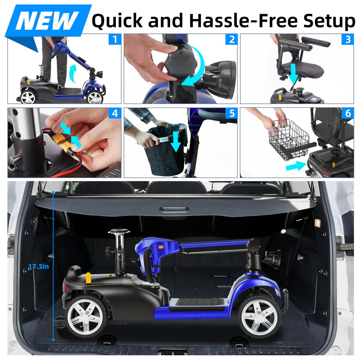 Ecomobi 4 Wheel Mobility Scooter for Adults/Seniors,15-45 Miles Folding Electric Mobility Scooter,350W Electric Powered Wheelchair Device,Long Range Power Extended Battery,Dual Baskets