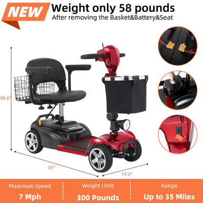 Ecomobi 4 Wheel Mobility Scooter for Adults/Seniors,15-45 Miles Folding Electric Mobility Scooter,350W Electric Powered Wheelchair Device,Long Range Power Extended Battery,Dual Baskets
