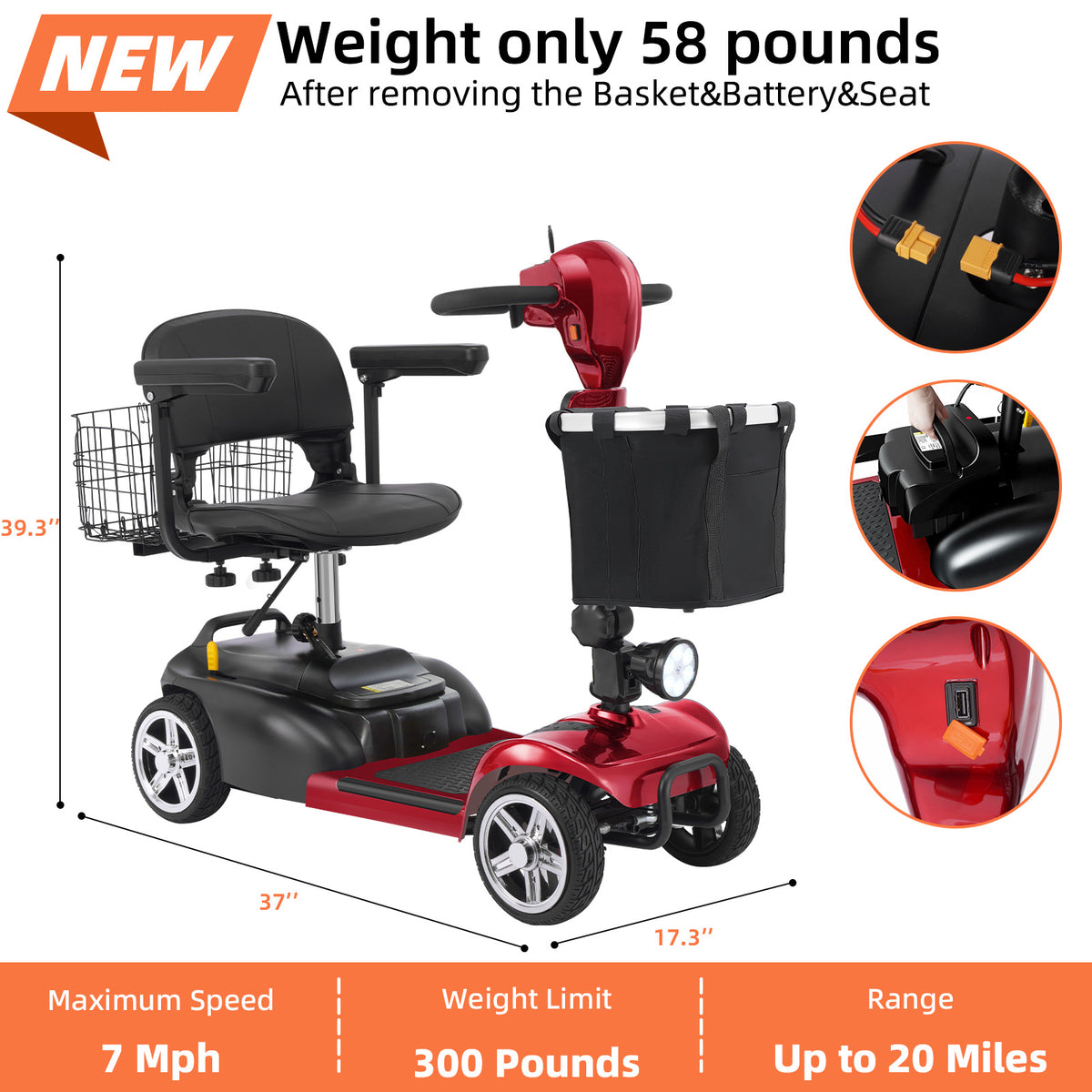 Ecomobi 4 Wheel Mobility Scooter for Adults/Seniors,15-45 Miles Folding Electric Mobility Scooter,350W Electric Powered Wheelchair Device,Long Range Power Extended Battery,Dual Baskets