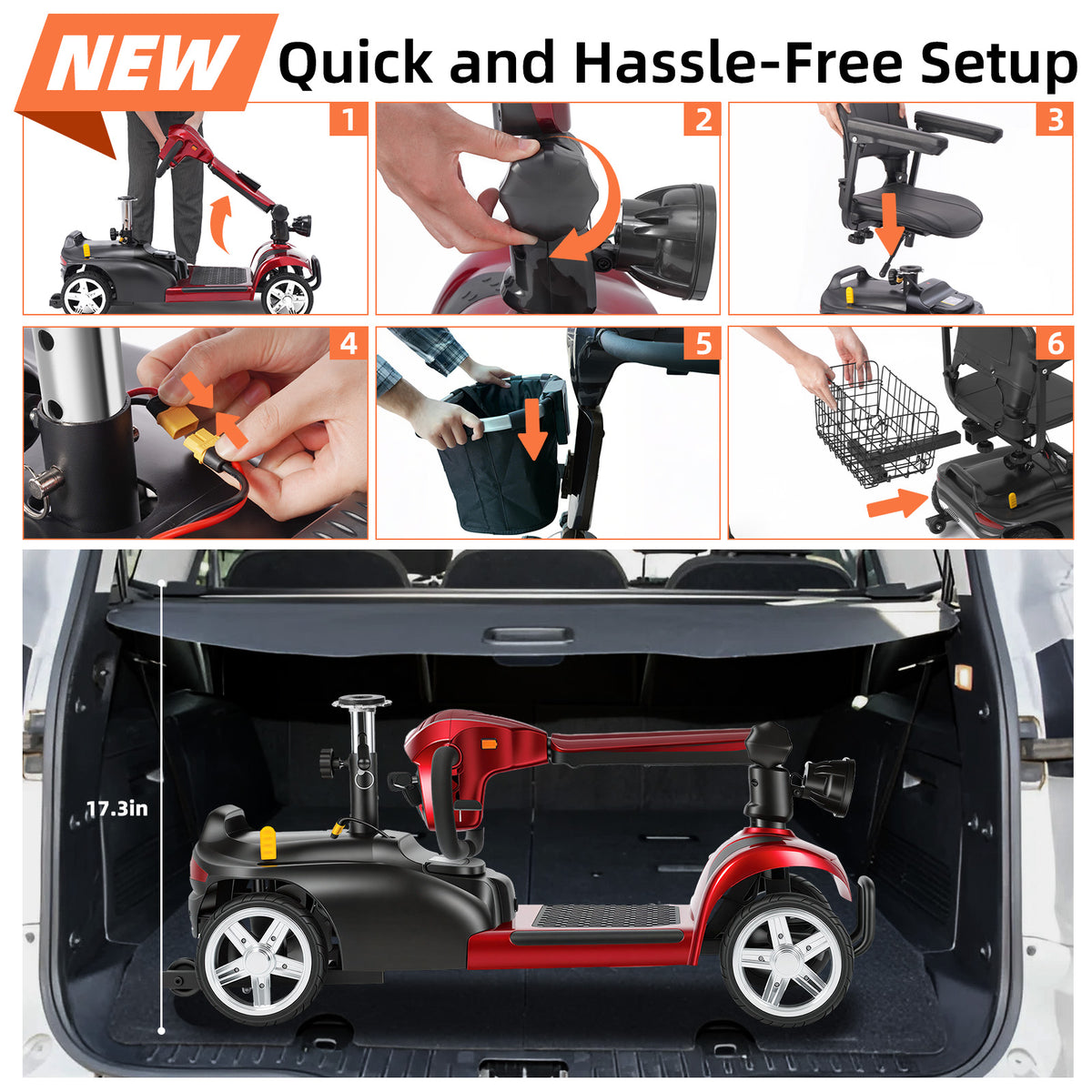 Ecomobi 4 Wheel Mobility Scooter for Adults/Seniors,15-45 Miles Folding Electric Mobility Scooter,350W Electric Powered Wheelchair Device,Long Range Power Extended Battery,Dual Baskets