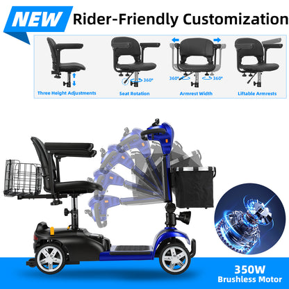Ecomobi 4 Wheel Mobility Scooter for Adults/Seniors,15-45 Miles Folding Electric Mobility Scooter,350W Electric Powered Wheelchair Device,Long Range Power Extended Battery,Dual Baskets
