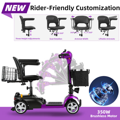 Ecomobi 4 Wheel Mobility Scooter for Adults/Seniors,15-45 Miles Folding Electric Mobility Scooter,350W Electric Powered Wheelchair Device,Long Range Power Extended Battery,Dual Baskets