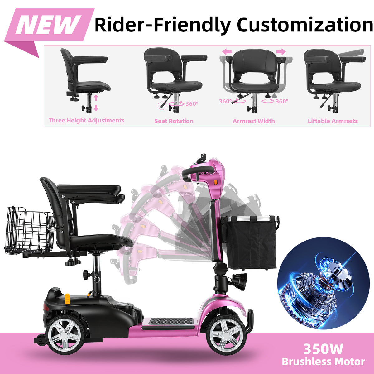 Ecomobi 4 Wheel Mobility Scooter for Adults/Seniors,15-45 Miles Folding Electric Mobility Scooter,350W Electric Powered Wheelchair Device,Long Range Power Extended Battery,Dual Baskets